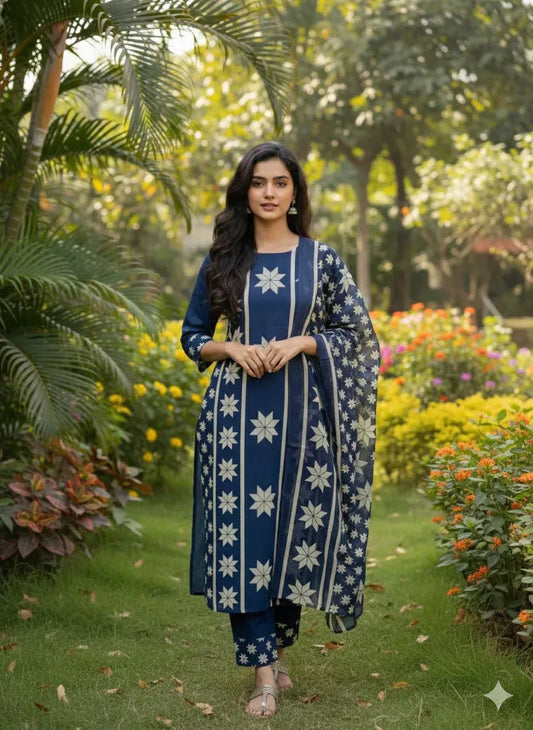 Indigo Blue Pure Cotton Printed Suit Set