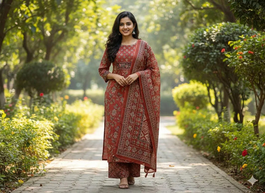 Maroon Pure Cotton Printed Suit Set with Dupatta