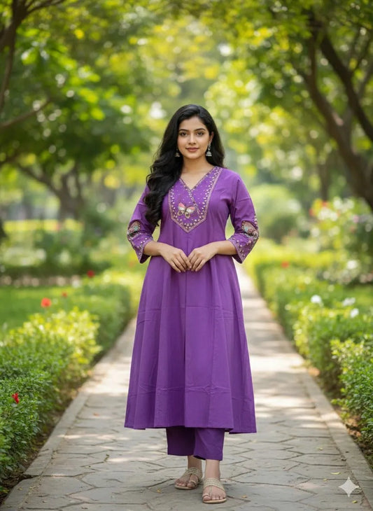 Lavender Butterfly Design Ethnic Co-ord Set for Women