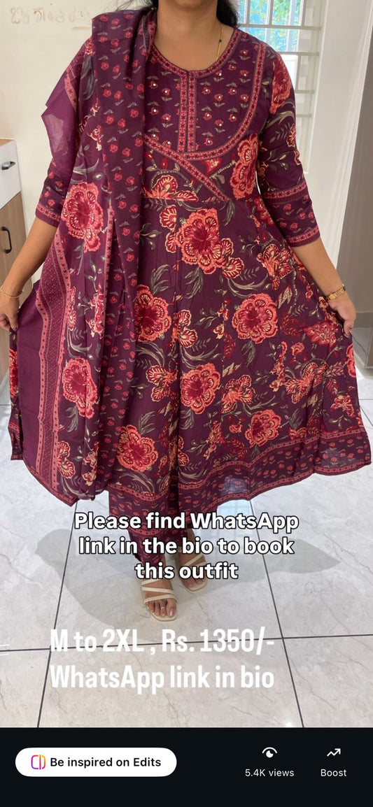 PC34 Wine Anarkali Pure cotton set