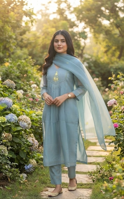 PC59-Mul Chanderi Suits - Sea Blue color