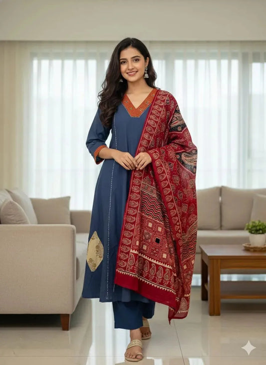 Elegant Blue Cotton Suit Set with Printed Dupatta