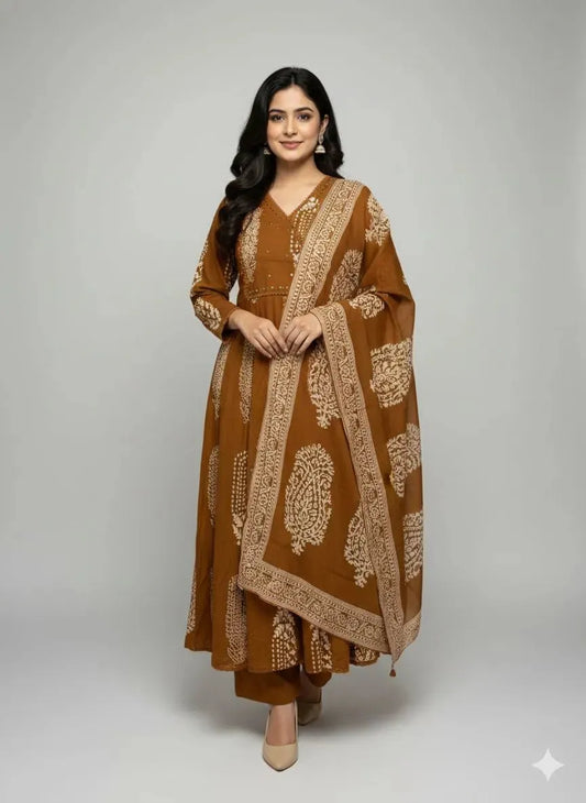 Brown Cotton Ethnic Suit Set with Dupatta