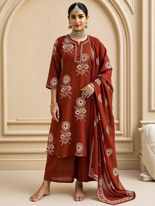 Rust Color Cotton Ethnic Suit Set for Women