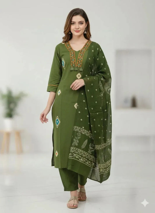 Mehendi Green Cotton Suit Set with Dupatta