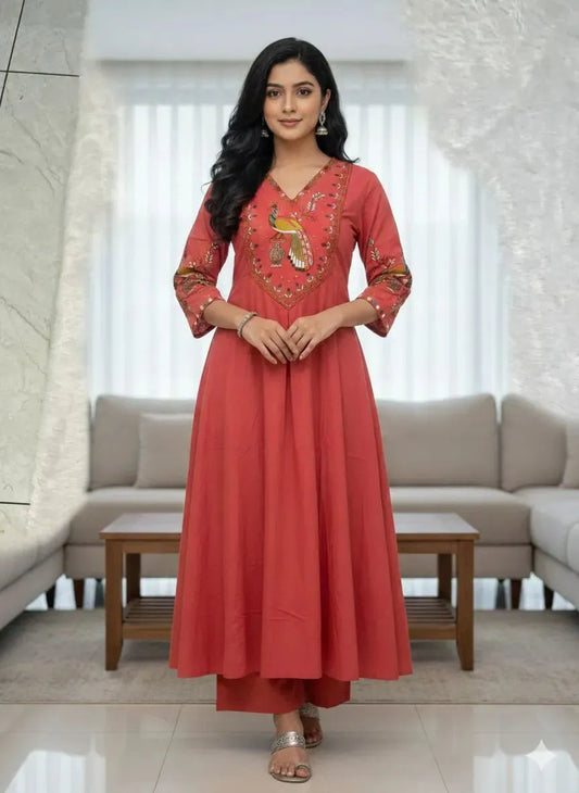 Peach Peacock Embroidered Ethnic Co-ord Set