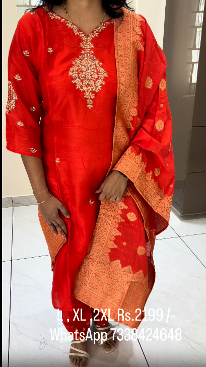 PC25 Bright Red pure Dola silk 3 Piece suit with Zardosi work.