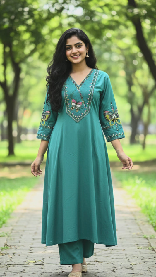 Green Butterfly Embroidered Ethnic Co-ord Set for Women