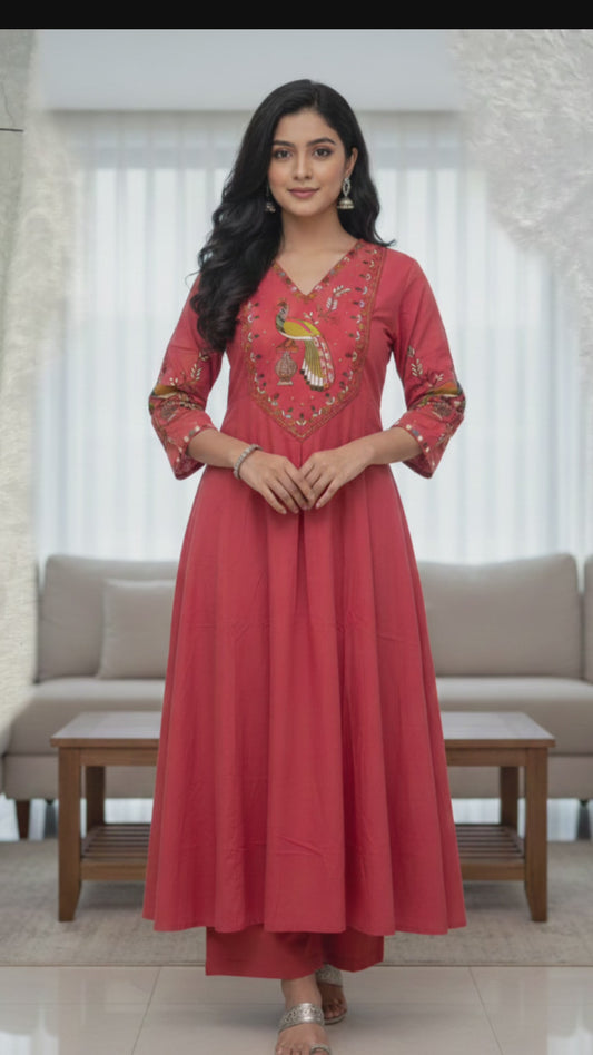 Peach Peacock Embroidered Ethnic Co-ord Set