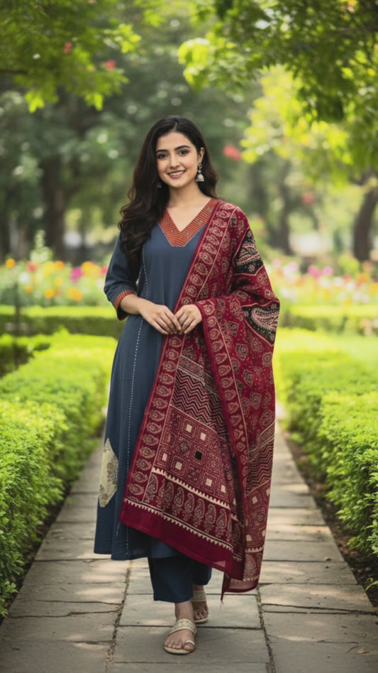 Elegant Blue Cotton Suit Set with Printed Dupatta