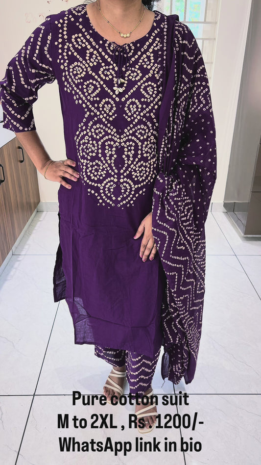 PC19  purple color Bandhini Print Pure cotton Set