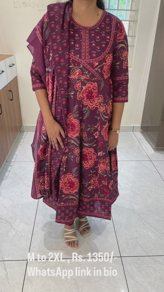 PC34 Wine Anarkali Pure cotton set