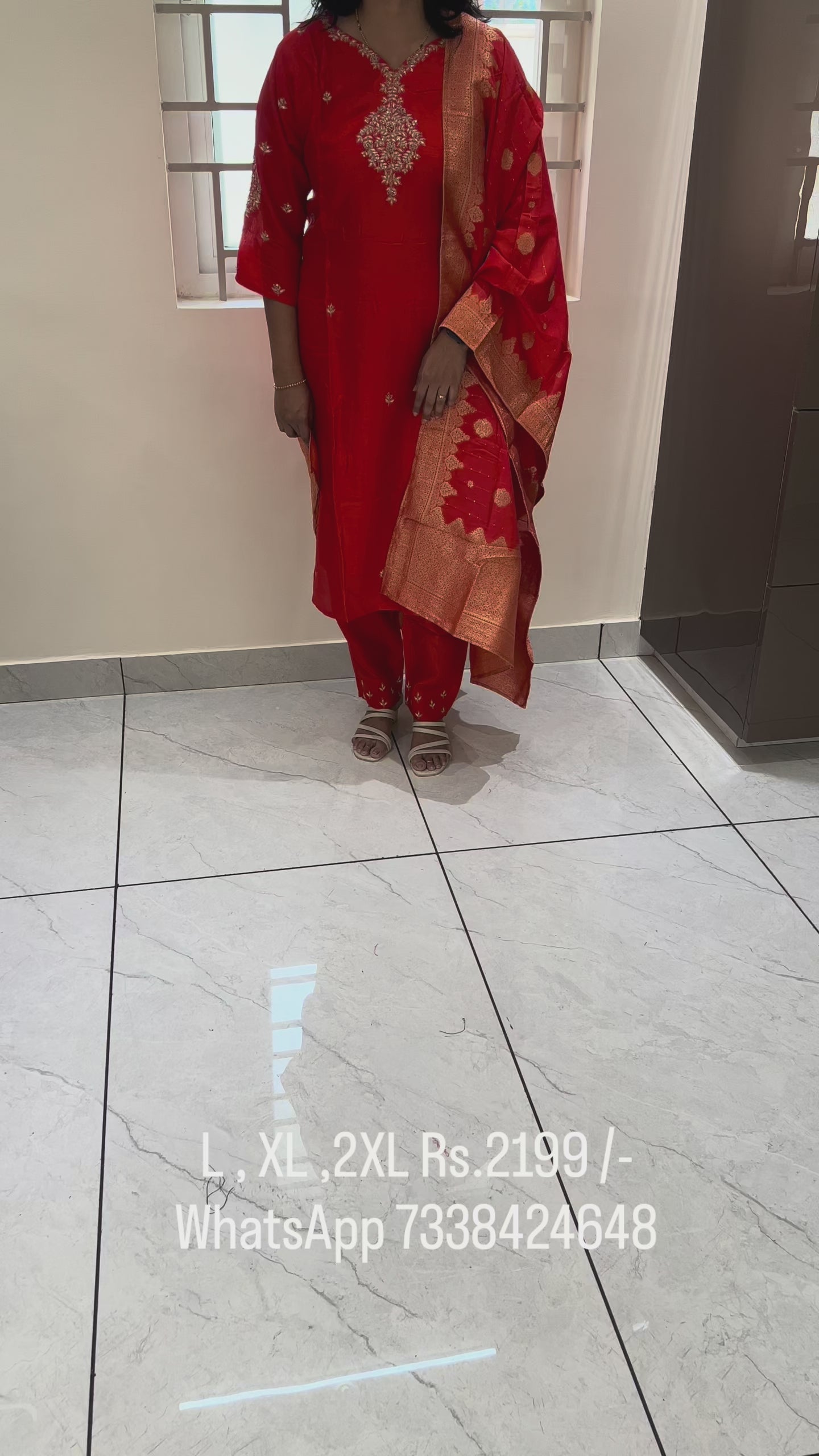 PC25 Bright Red pure Dola silk 3 Piece suit with Zardosi work.