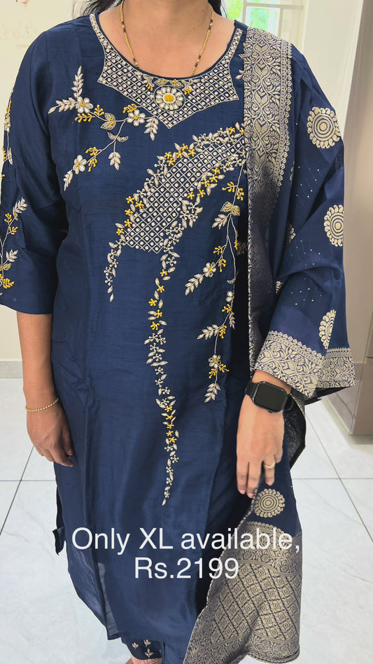 PC26 Navy Blue partywear suit in Dola silk with Zardosi work