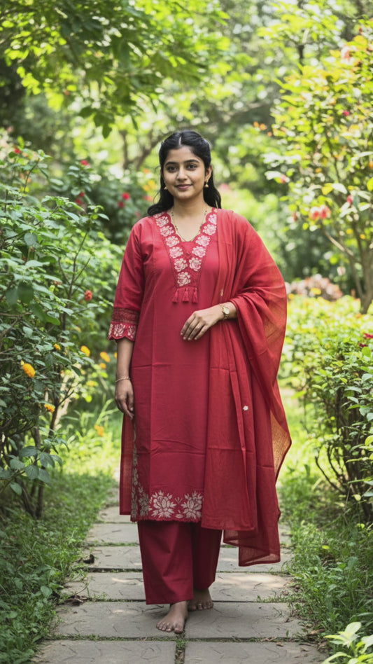 Elegant Pure Cotton Red Embroidered Suit Set for Women