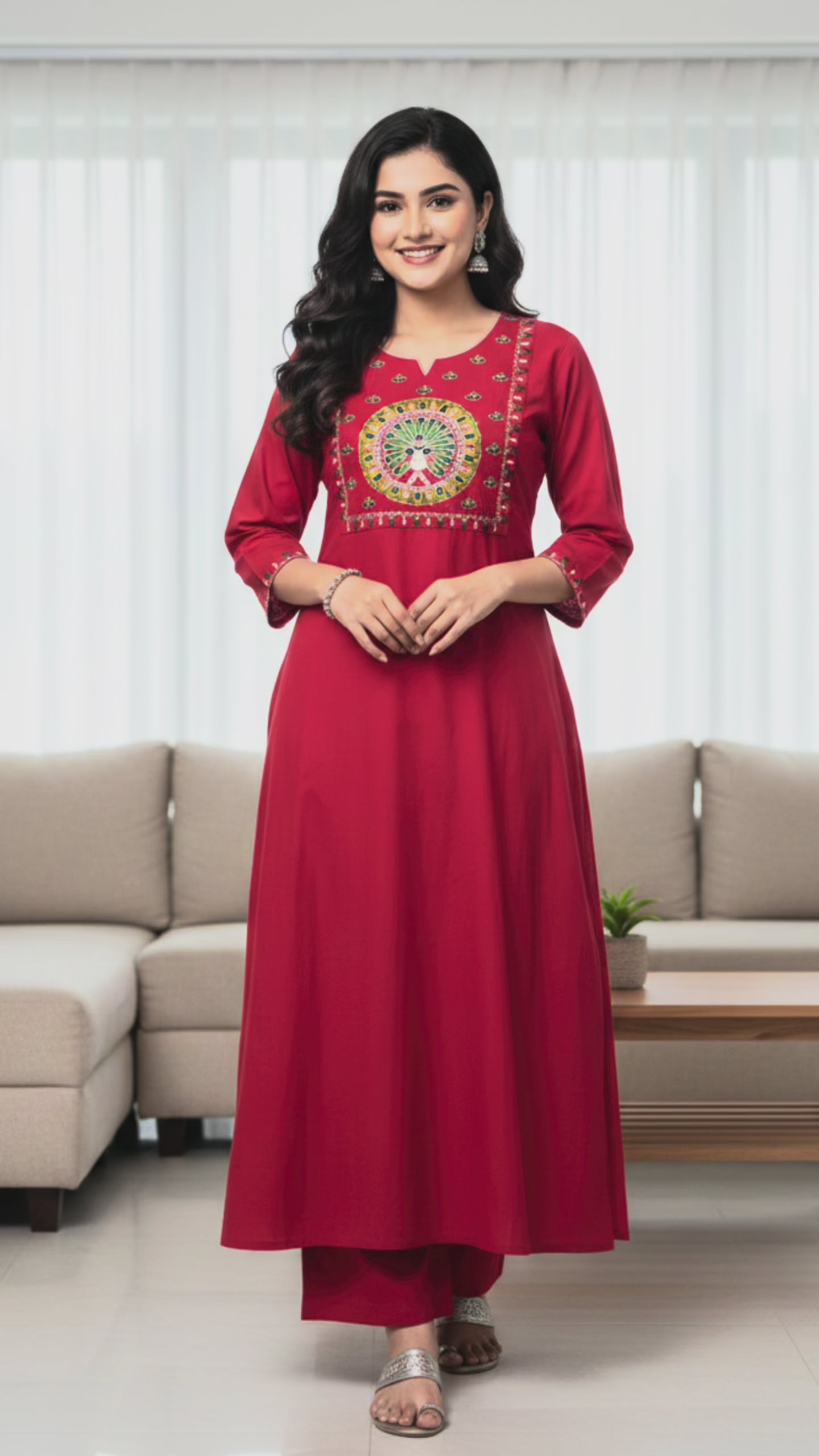 Pink Peacock Design Ethnic Co-ord Set for Women