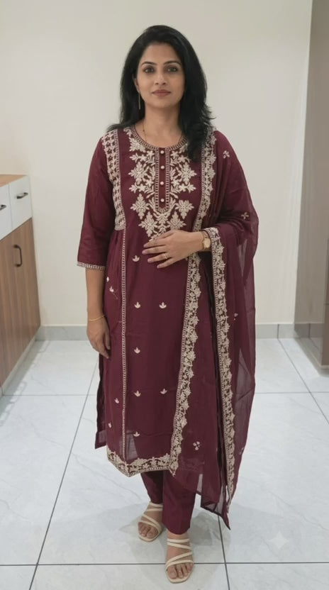 Maroon with white embroidery Pure cotton suit