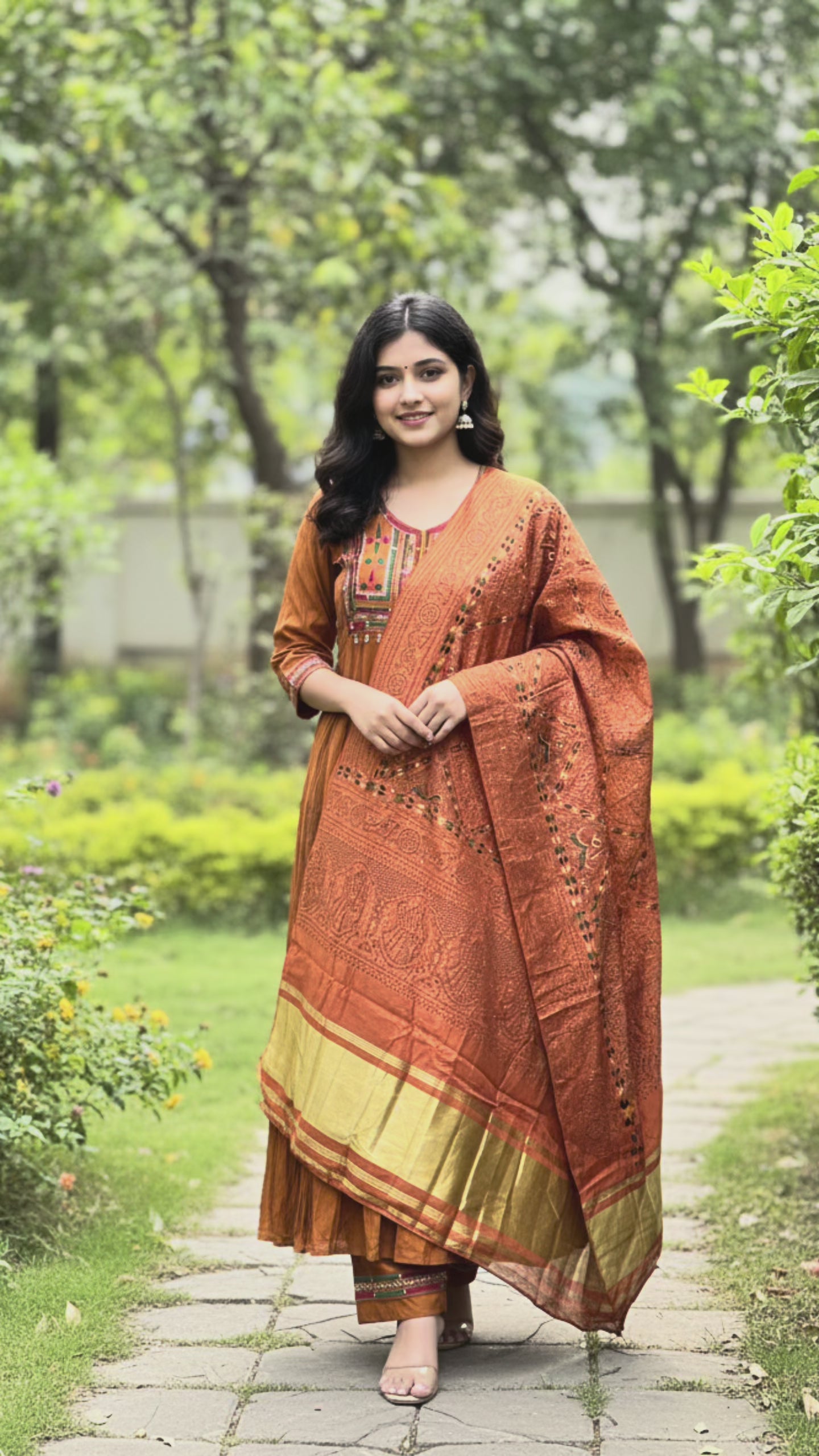 Rust Orange Silk Ethnic Suit Set for Wome