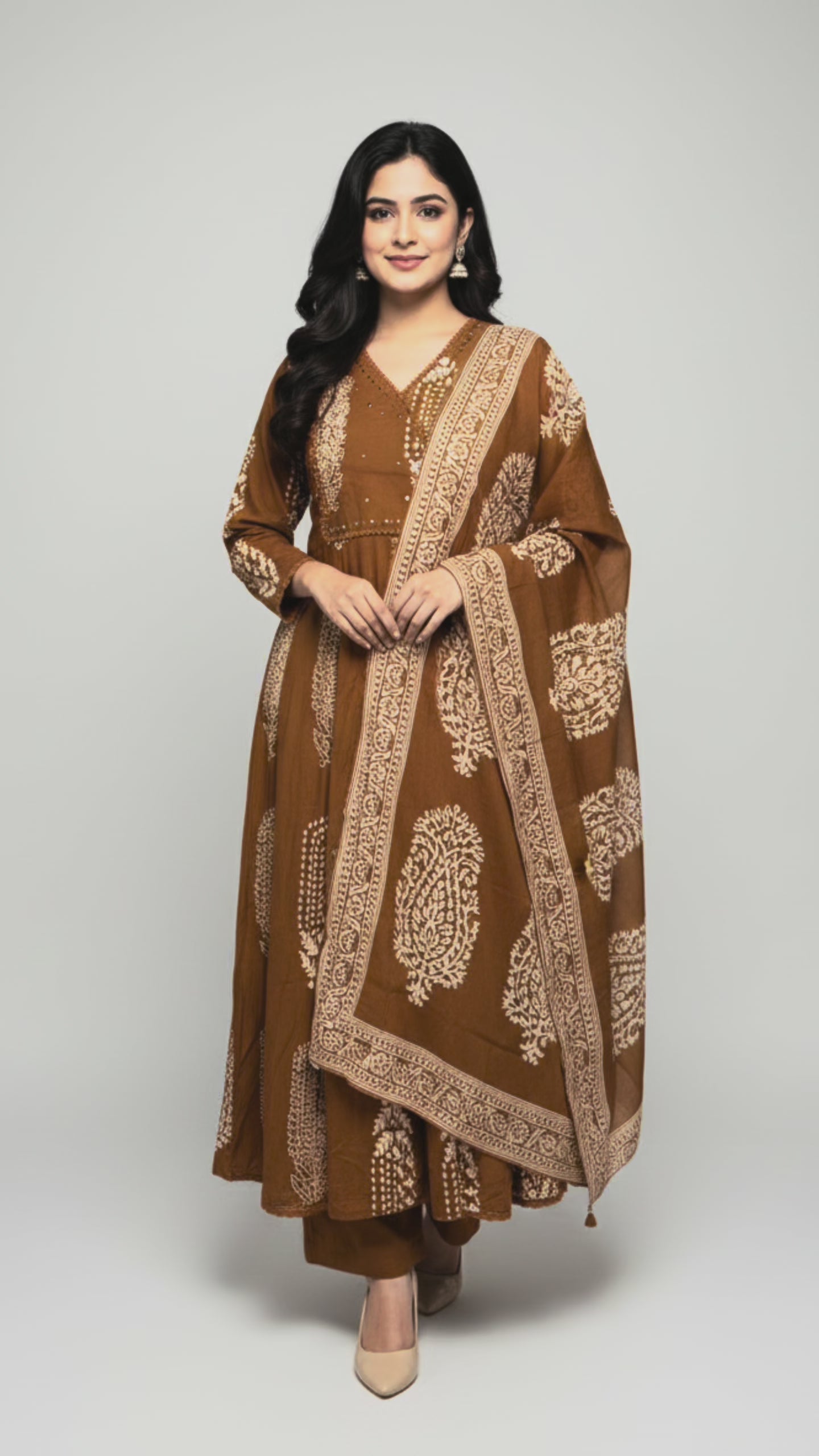 Brown Cotton Ethnic Suit Set with Dupatta