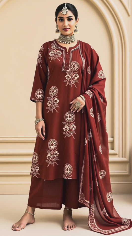 Rust Color Cotton Ethnic Suit Set for Women