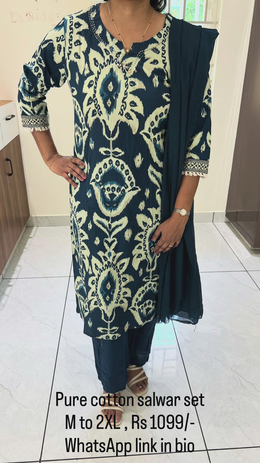 PC44 Teal blue pure cotton set with Ikkat prints